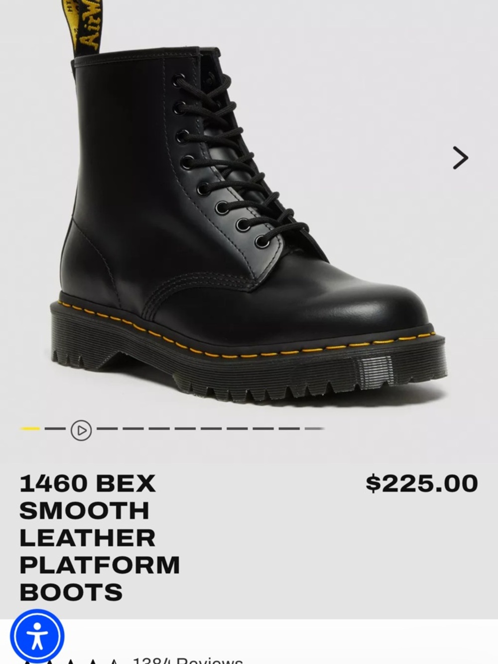 Dr. Martens Black Smooth Leather 8-Eye Platform Boot with Yellow Stitching